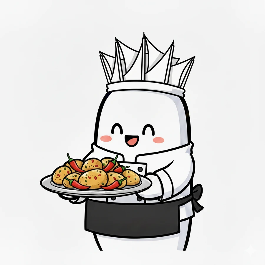 Illustrated mascot holding a plate of food.