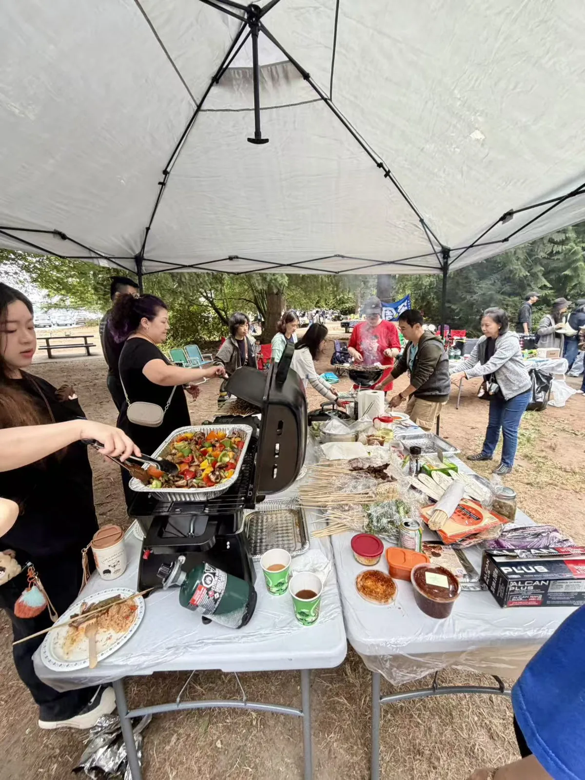 Community members cooking and sharing food beneath a canopy in Burnaby Central Park.